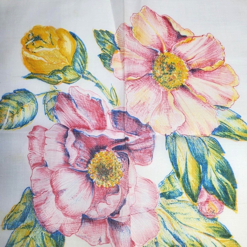 Vintage Floral Print Handkerchief 13"‎ Square Cotton Blend Pink Yellow Flowers - Picture 2 of 8